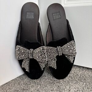 White House Black Market Black Velvet Mules with Silver Rhinestone Bow